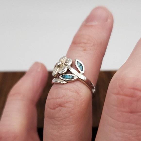 Size 5.25 925 Sterling Silver Flower With Turquoise Chips Ring - Picture 3 of 8